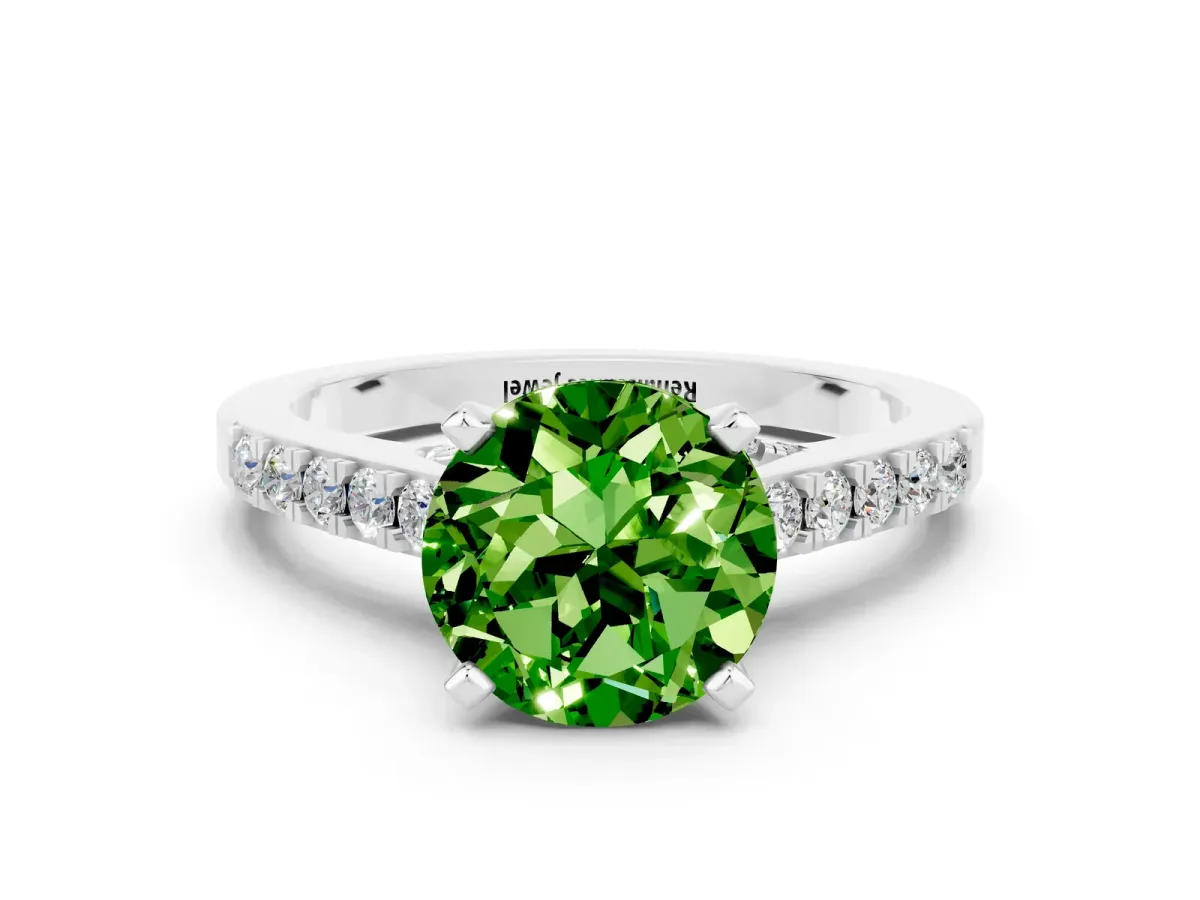 Round Cut Peridot Solitaire Ring with Crossover Gallery and Round Pavé Band Silver