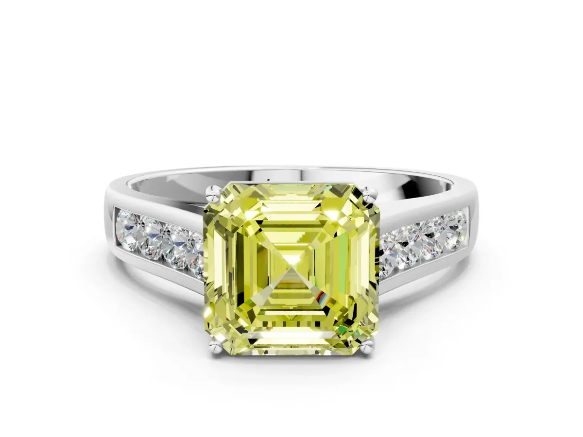Fancy Yellow Asscher Cut Solitaire Channel-Set Diamond Engagement Ring with Four-Prong Setting Platinum