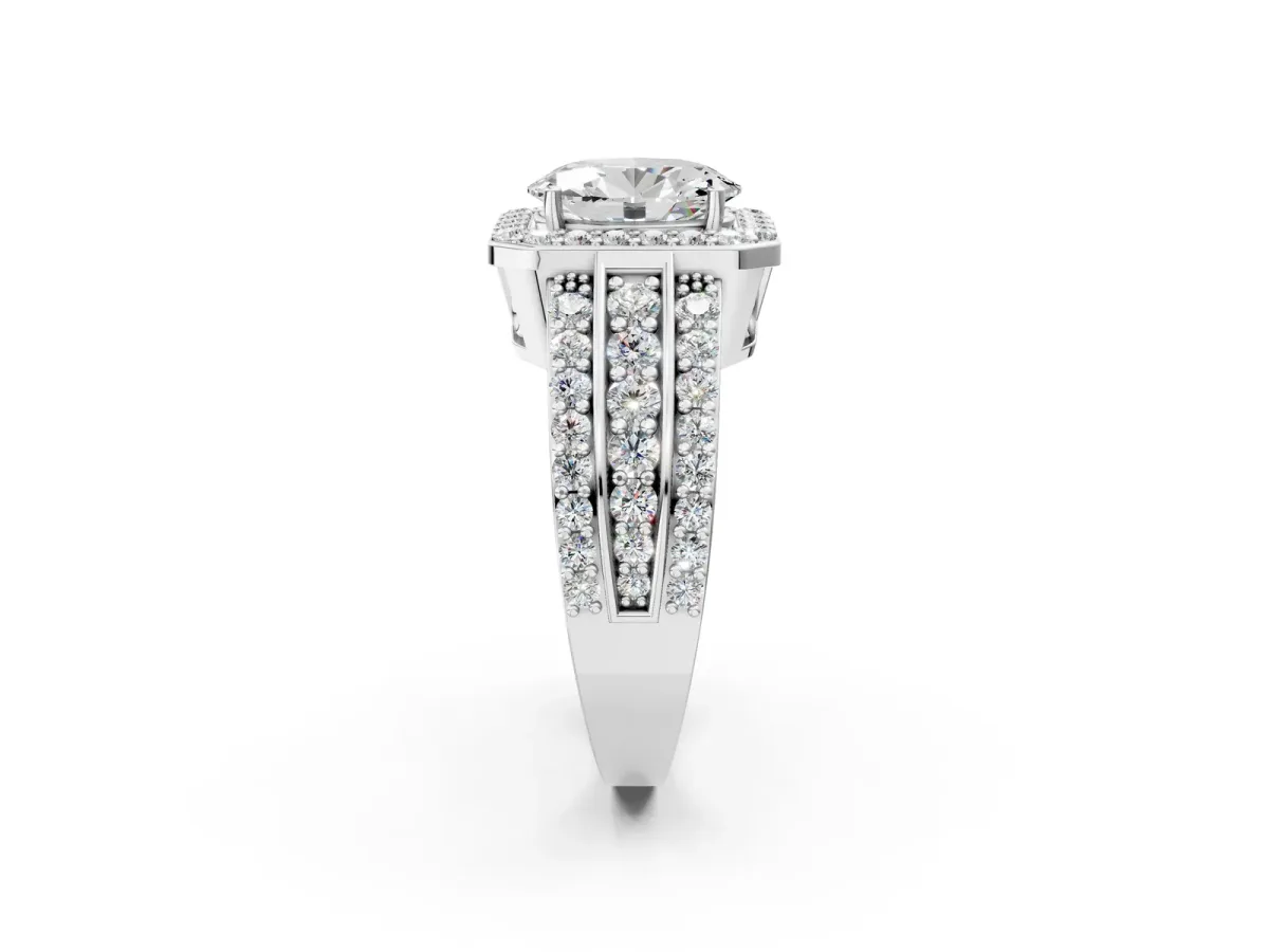 Oval Cut Halo Diamond Ring with Round Split Shank and Prong Setting White gold