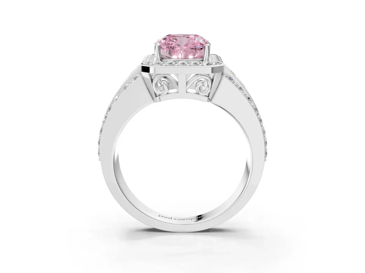 Fancy Pink Cushion Cut Halo Diamond Ring with Round Split Shank and Prong Setting Platinum
