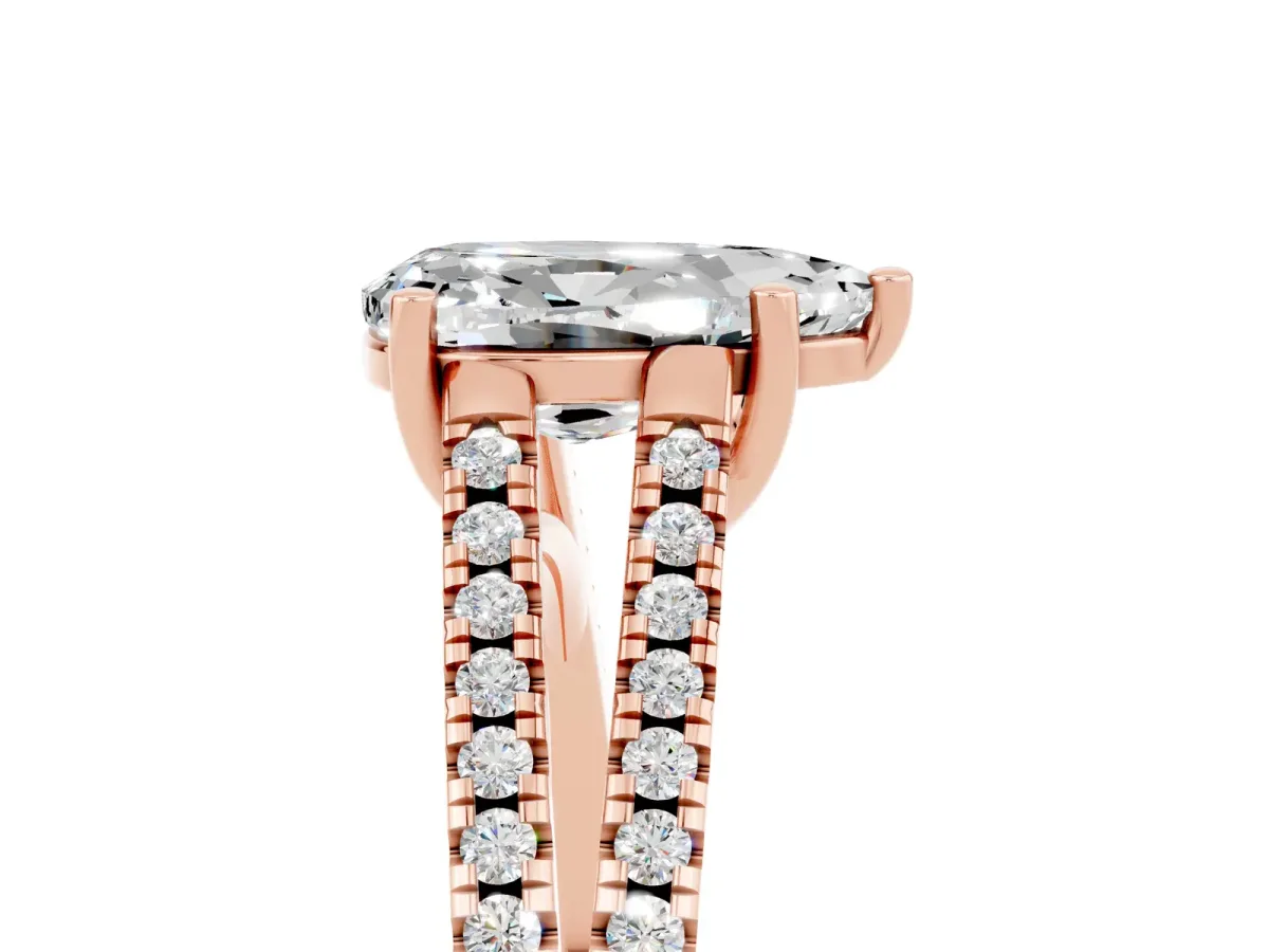 Pear Cut Moissanite Solitaire Engagement Ring with Split Shank Pavé Band Rose gold