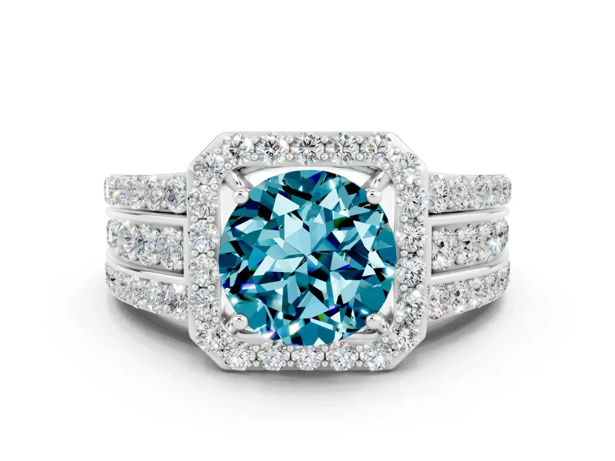 Round Cut Halo Blue Topaz Ring with Round Split Shank and Prong Setting Platinum