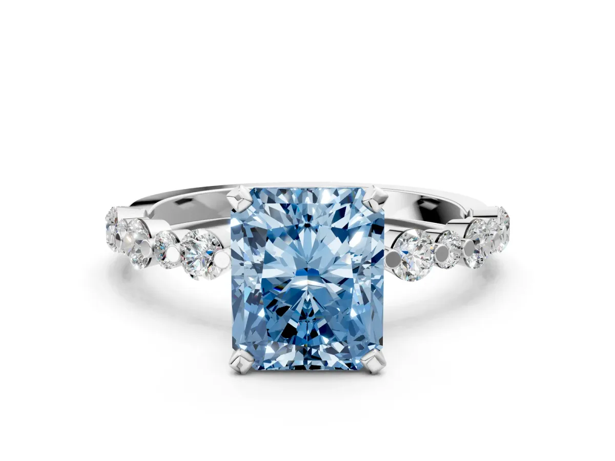 Fancy Blue Radiant Cut Diamond Prong Set Engagement Ring with Pavé Band Platinum