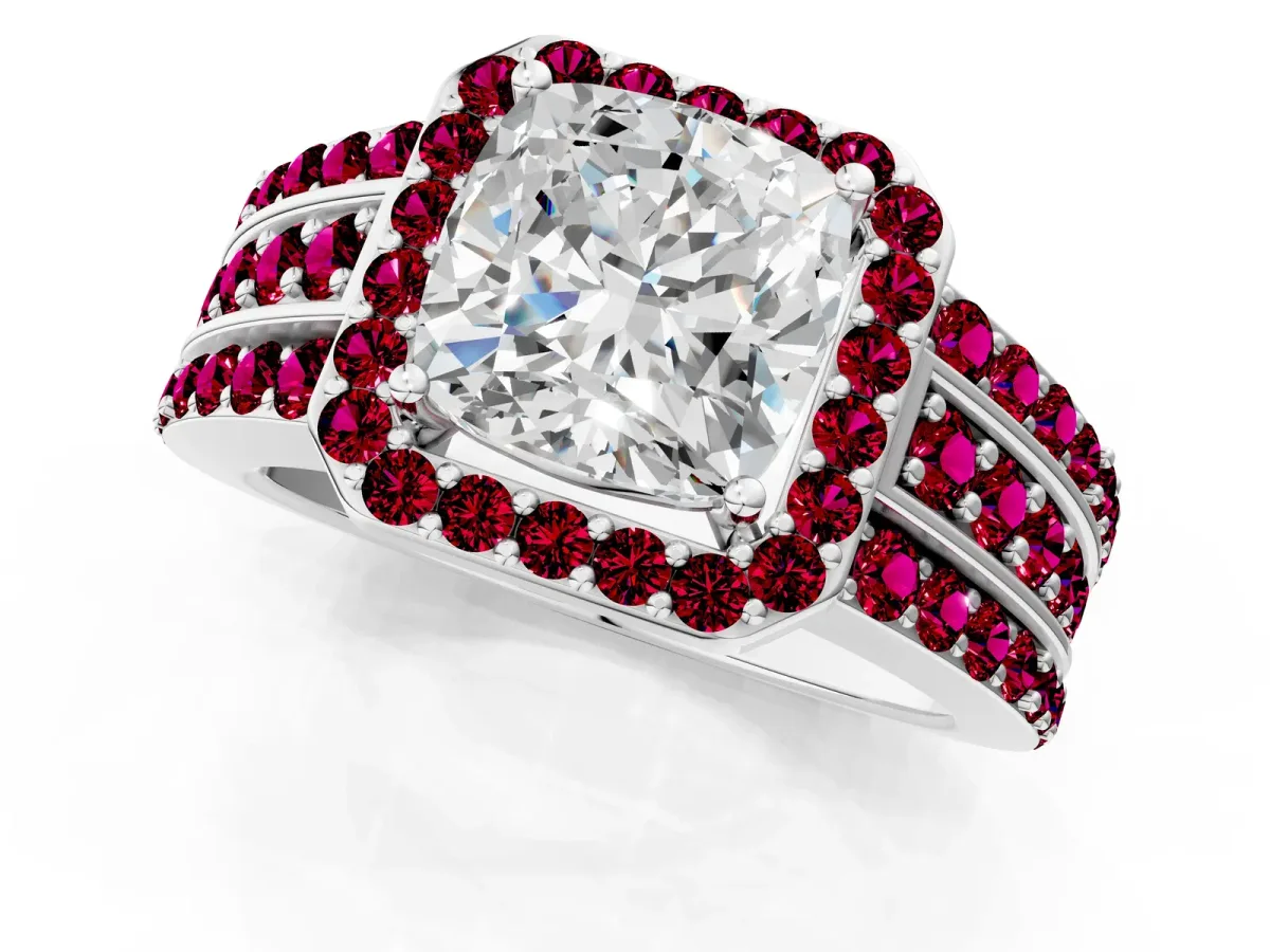Cushion Cut Halo Diamond Ring with Round Garnet Split Shank and Prong Setting Silver