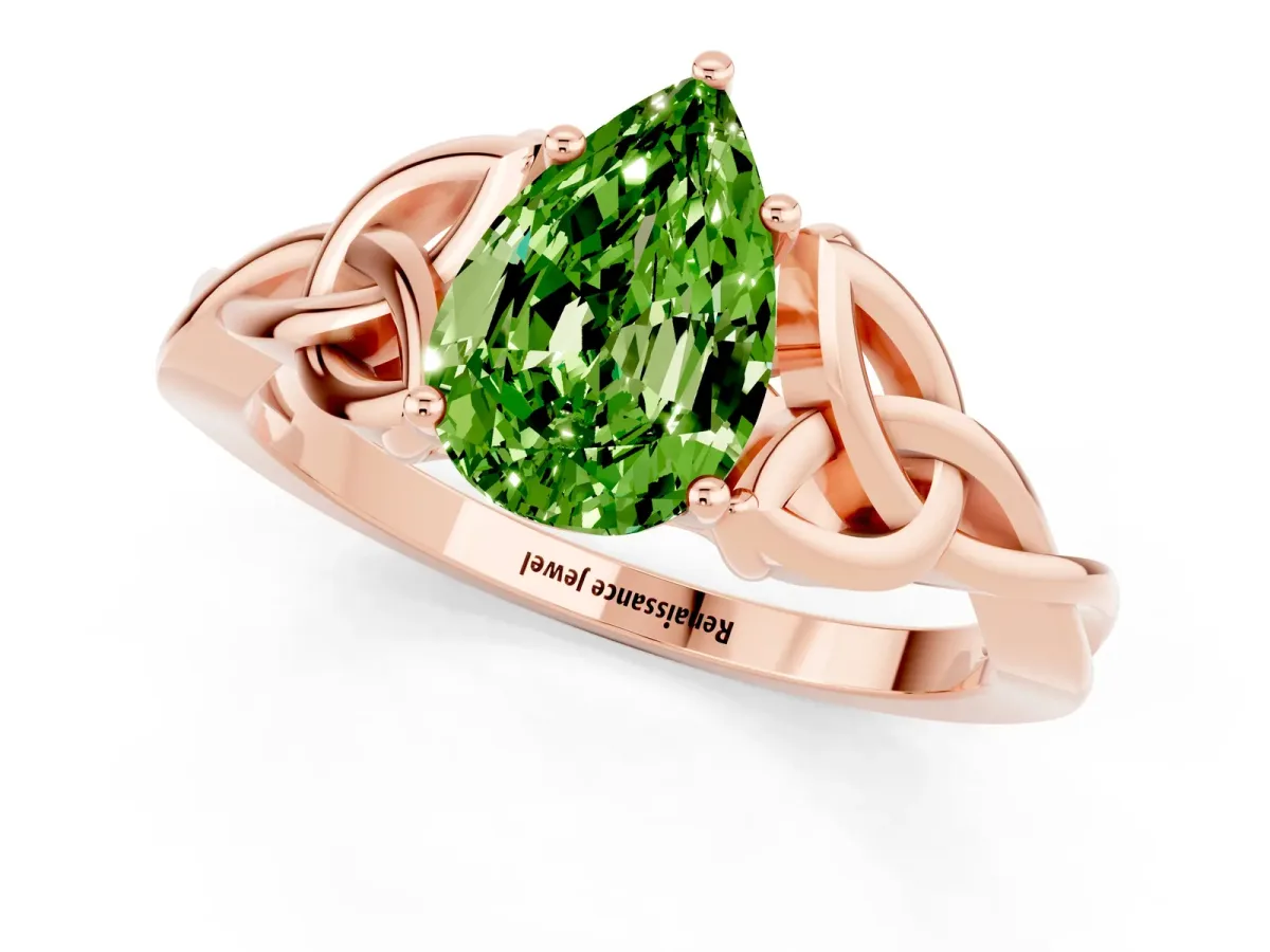 Pear Cut Peridot Solitaire Celtic Knot Ring with Four-Prong Setting Rose gold