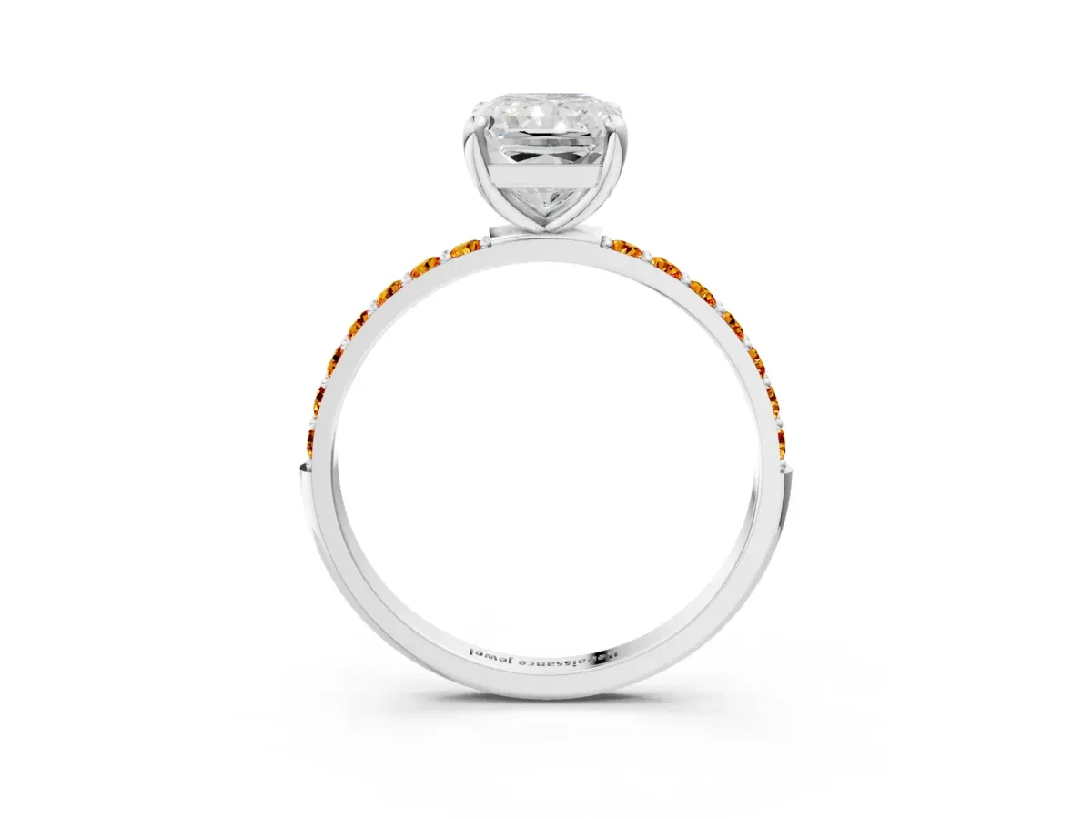 Radiant Cut Diamond Solitaire Ring with Round Citrine Pavé Band and Prong Setting Silver
