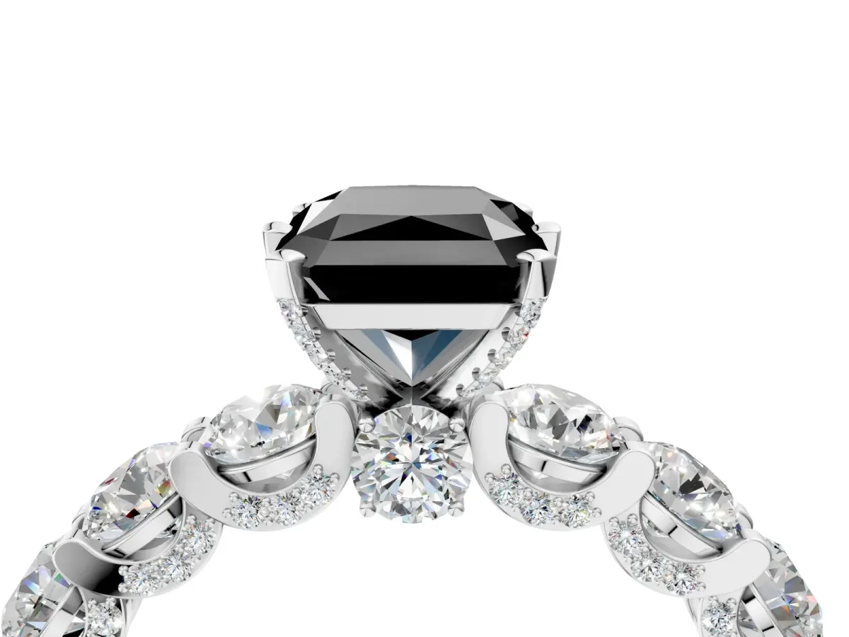 Fancy Black Radiant Cut Diamond Side Stone Engagement Ring with Four-Prong Setting White gold
