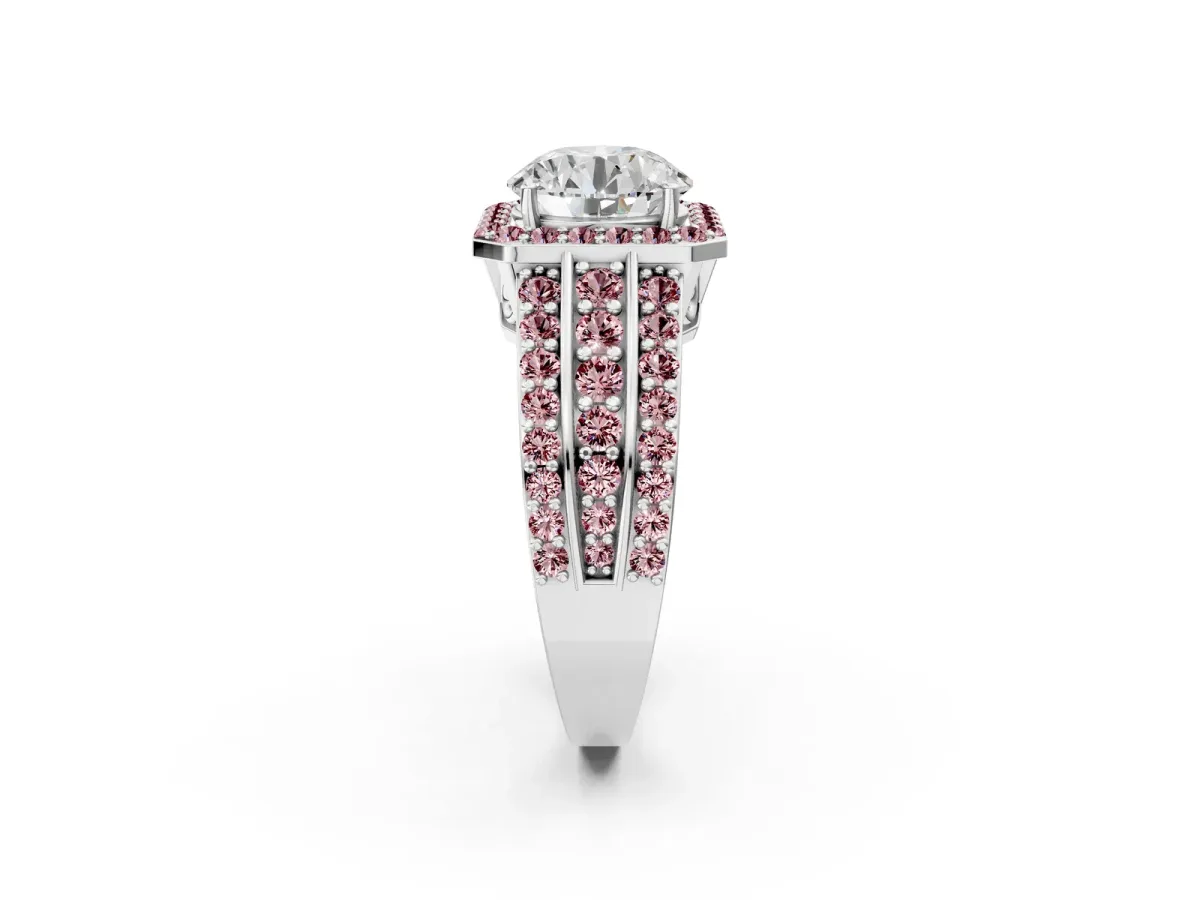 Round Cut Halo Diamond Ring with Round Morganite Split Shank and Prong Setting Platinum