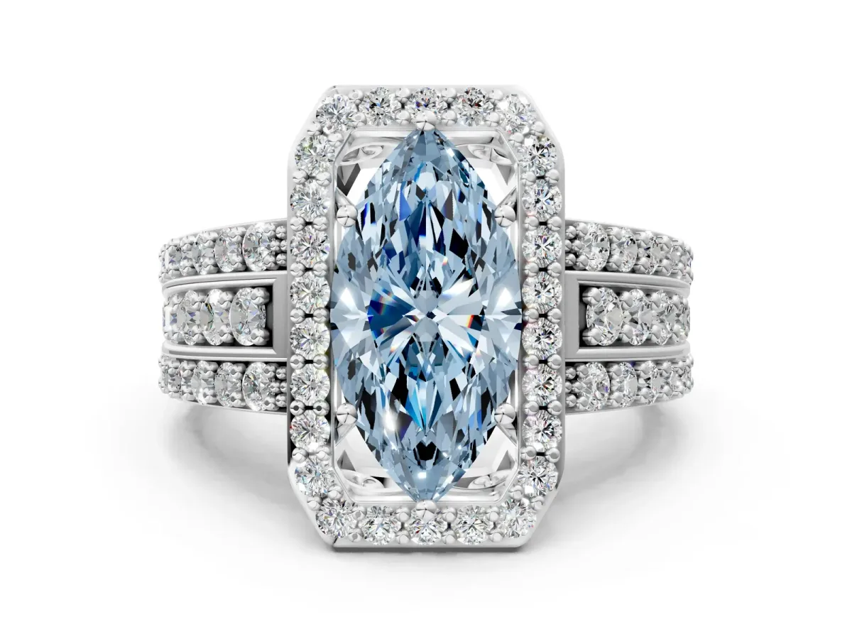 Fancy Blue Marquise Cut Halo Diamond Ring with Round Split Shank and Prong Setting Platinum