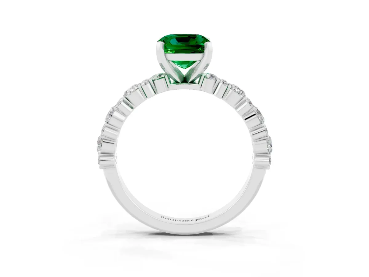 Cushion Cut Emerald Side Stone Solitaire Ring with Round and Four-Prong Setting White gold