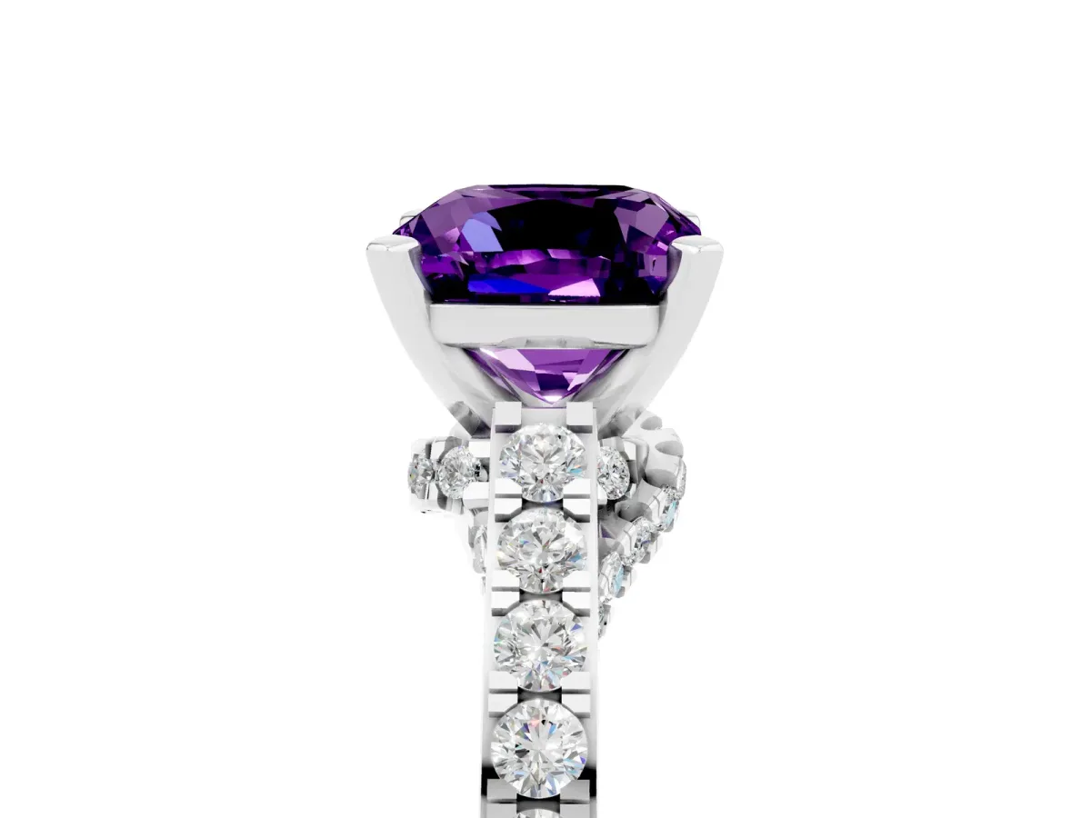 Cushion Cut Amethyst Solitaire Ring with Crossover Gallery and Round Pavé Band Silver