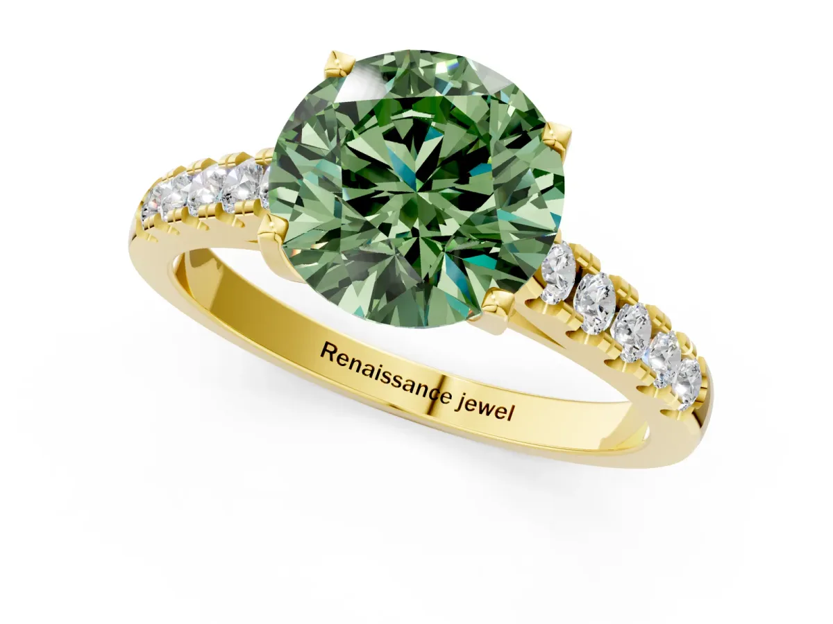 Fancy Green Round Cut Diamond Pavé Band Solitaire Ring with Prong Setting Yellow gold