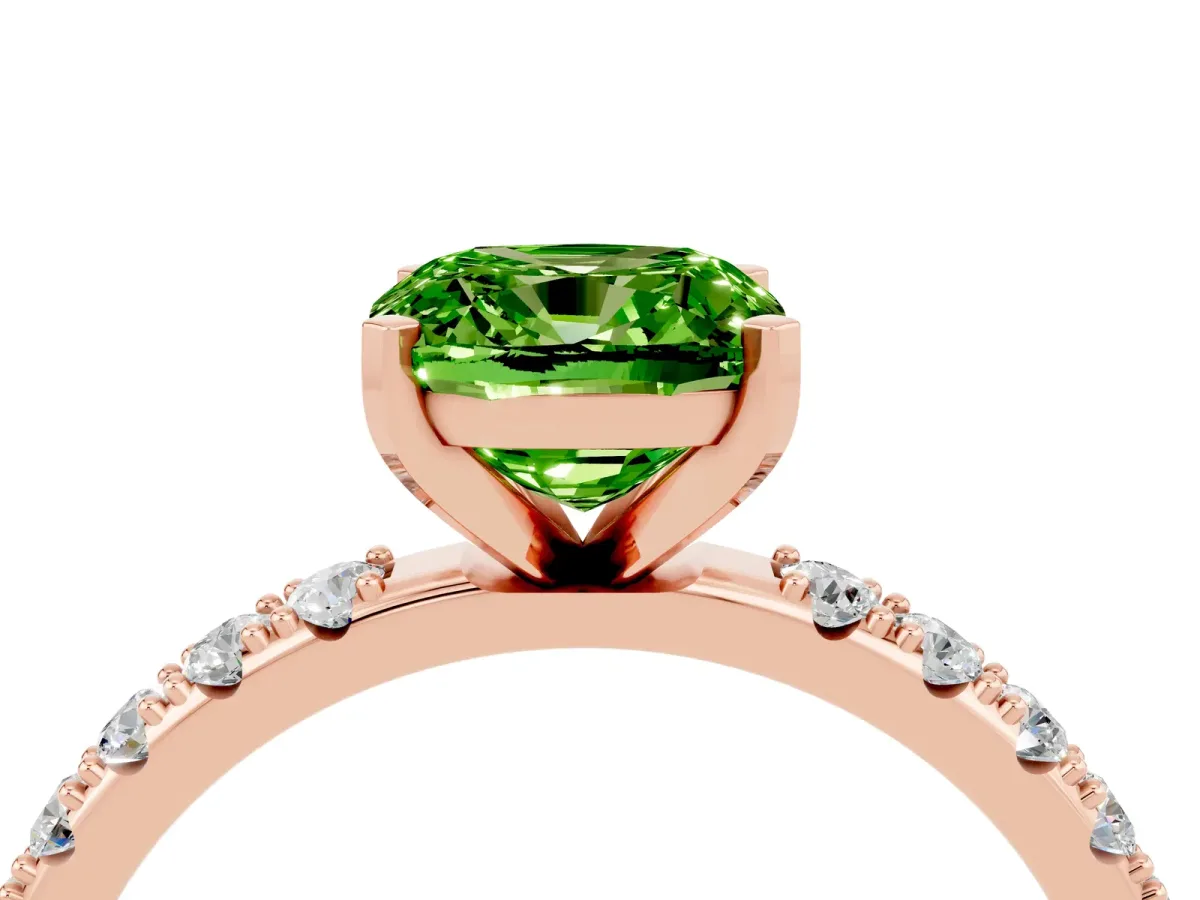 Cushion Cut Peridot Solitaire Pavé Band with Four-Prong Setting Rose gold
