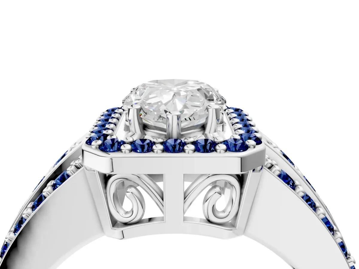 Pear Cut Halo Diamond Ring with Round Blue Sapphire Split Shank and Prong Setting Silver