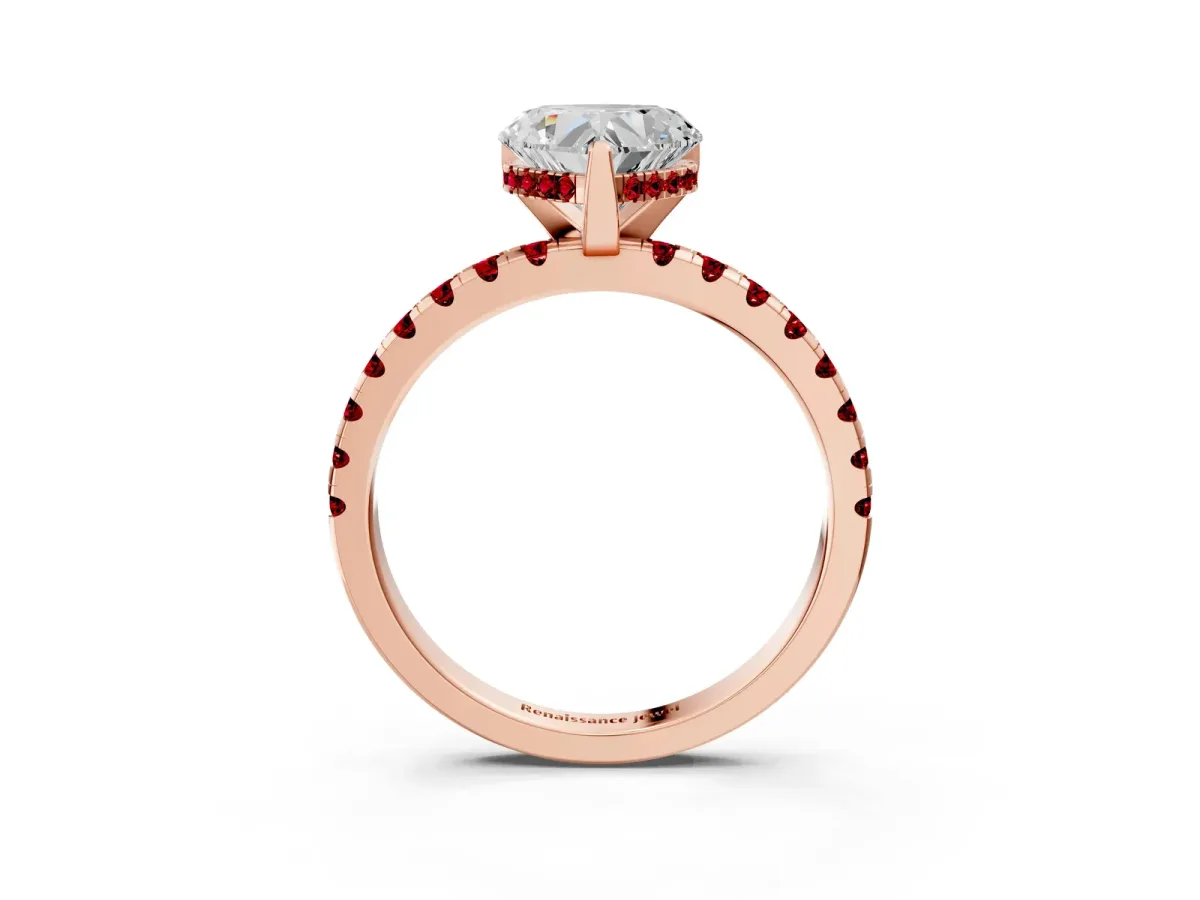 Heart Cut Diamond Solitaire Ring with Round Ruby Pavé Band and Four-Prong Setting Rose gold