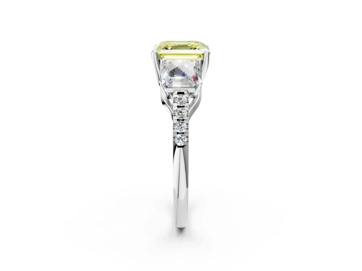 Fancy Yellow Three-Stone Asscher Cut Diamond Ring with Round Pavé Band and Prong Setting Silver