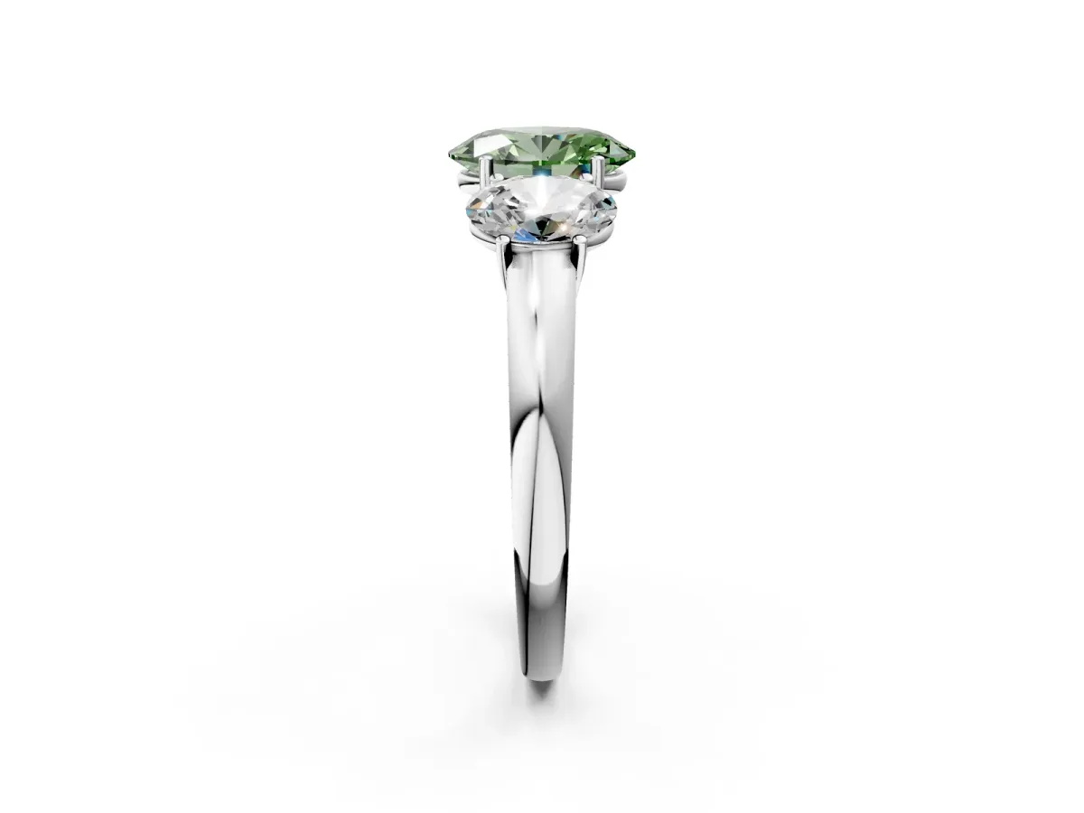 Fancy Green Oval Cut Diamond Three-Stone Ring with Four-Prong Setting and Classic Band White gold
