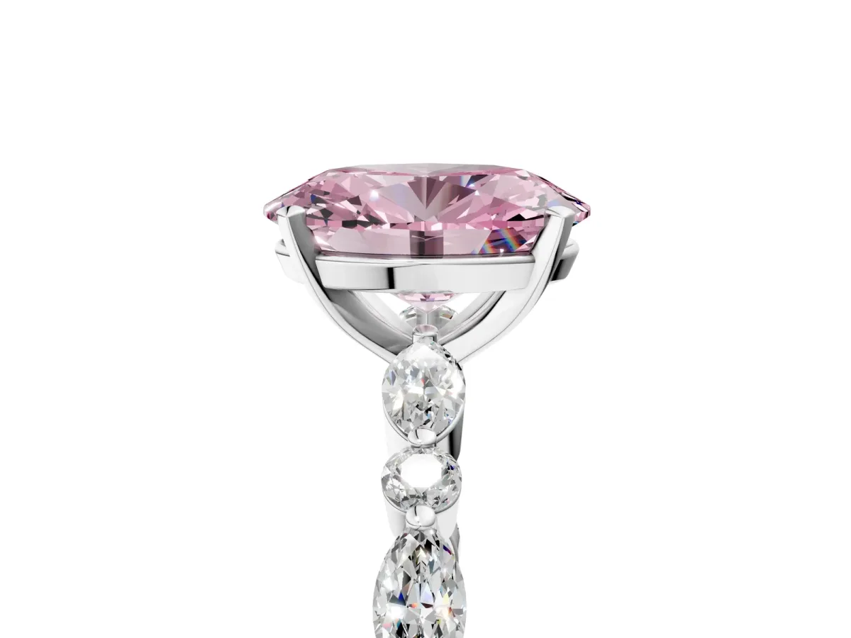 Fancy Pink Oval Cut Diamond Ring with Marquise and Round Side Stones and Four-Prong Setting Silver