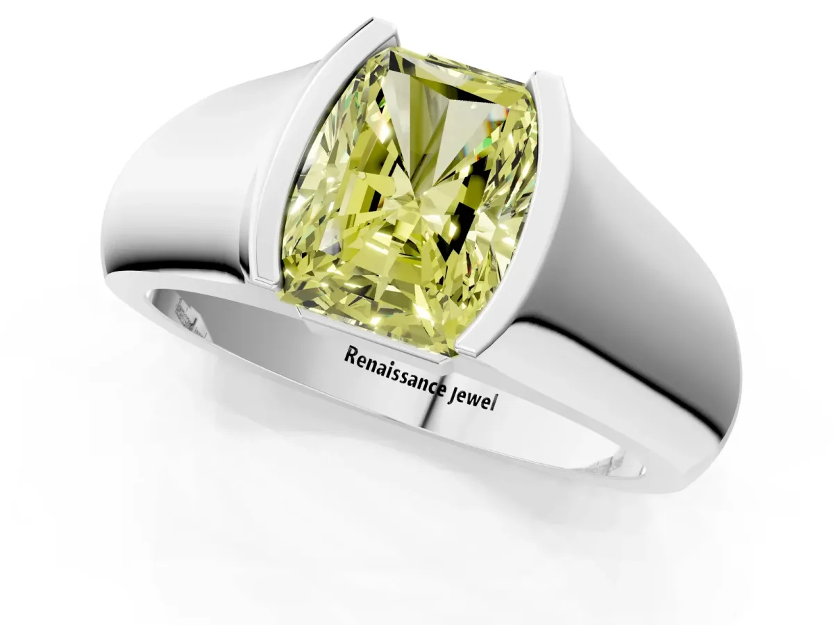 Fancy Yellow Radiant Cut Solitaire Bezel Set Diamond Ring with Wide Band Platinum