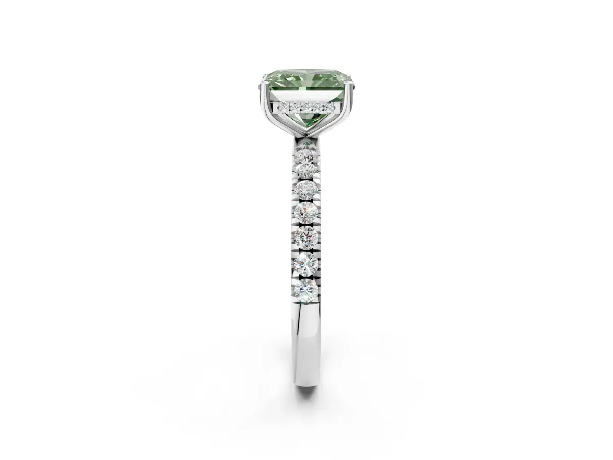 Fancy Green Radiant Cut Diamond Pave Band Solitaire Ring with Round and Prong Setting Silver