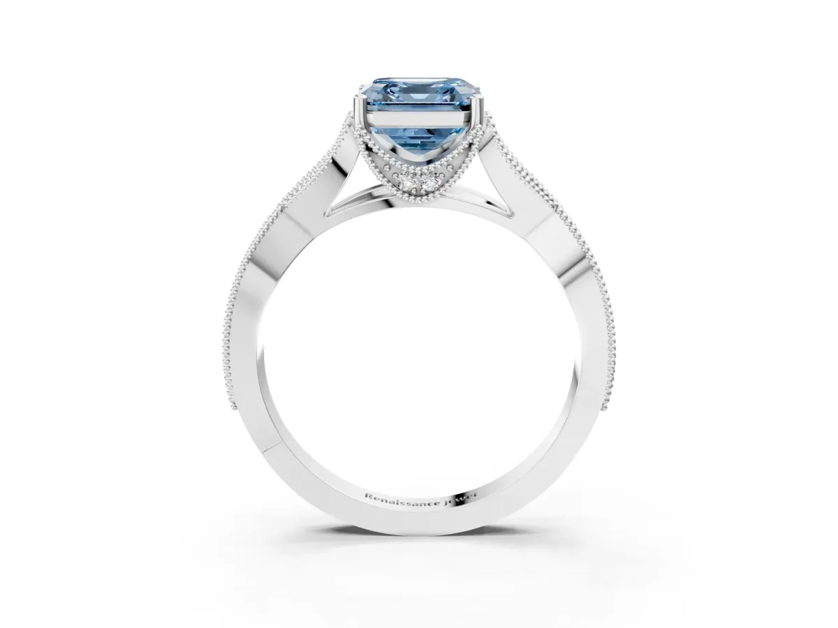 Fancy Blue Asscher Cut Cut Diamond Twisted Band with Milgrain Pave Setting and Four-Prong Setting Platinum