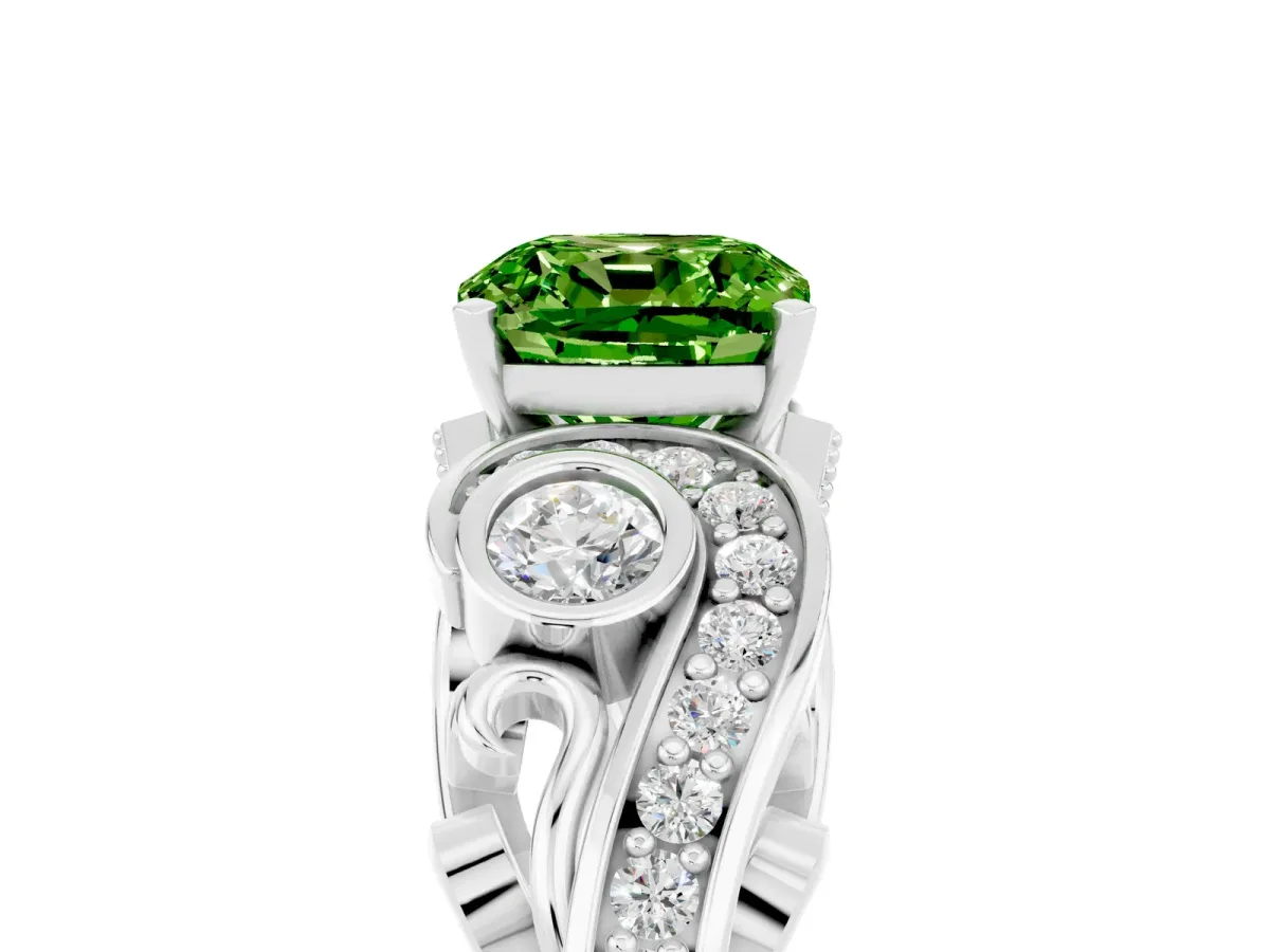 Cushion Cut Peridot Solitaire Ring with Milgrain Pavé Band and Four-Prong Setting Silver