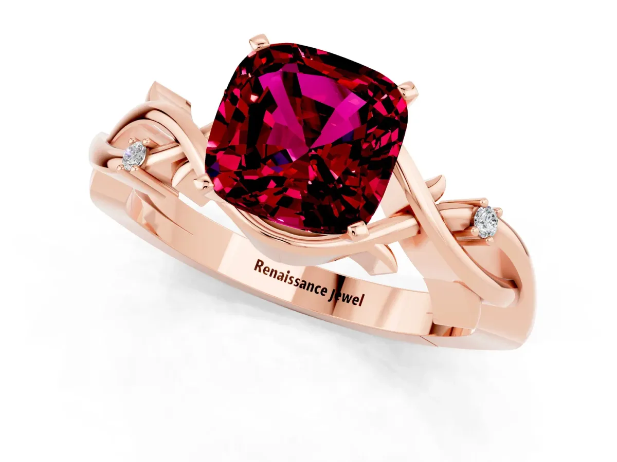 Cushion Cut Garnet Solitaire Ring with Twisted Band and Prong Setting Rose gold