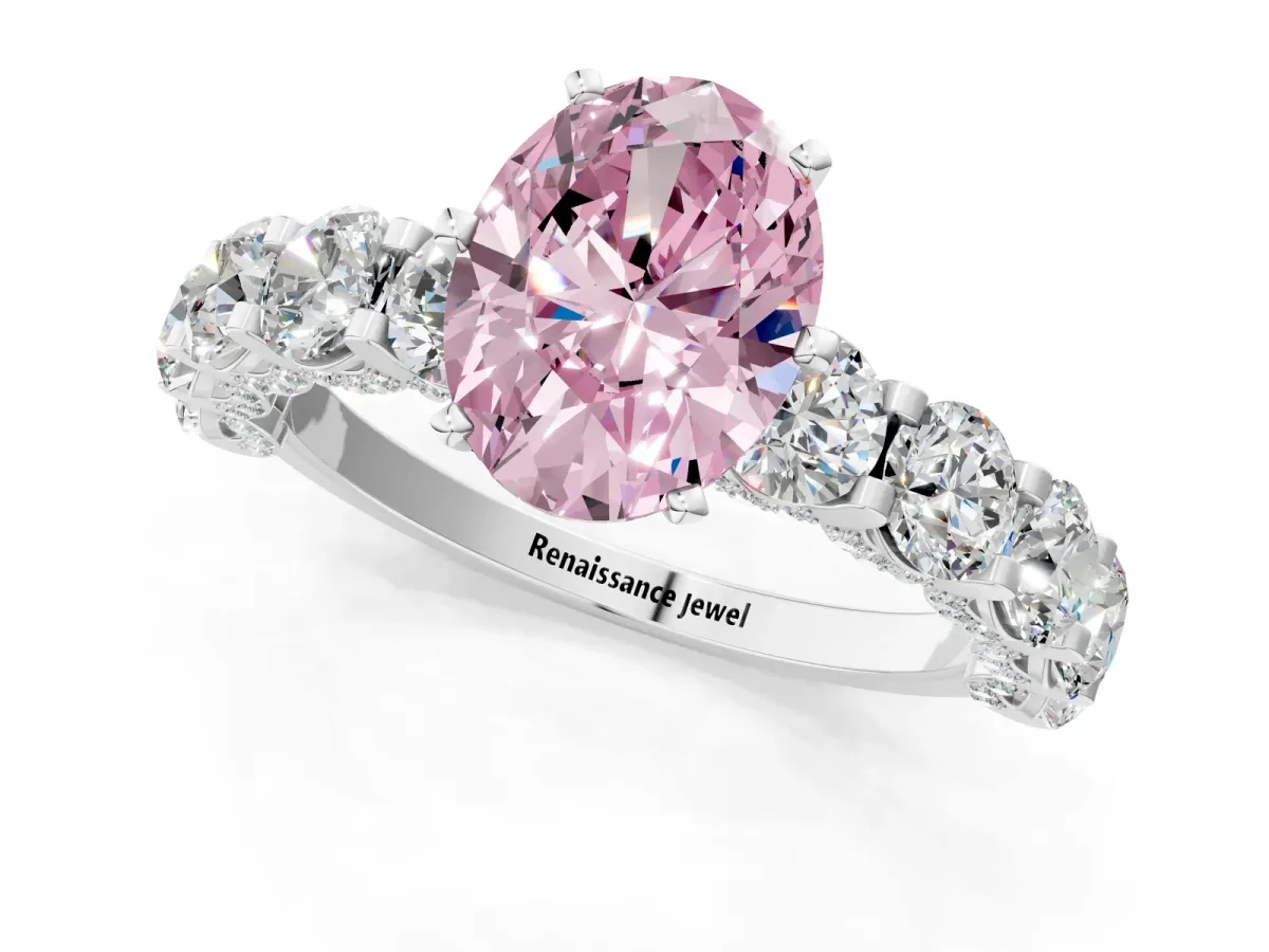 Fancy Pink Oval Cut Diamond Side Stone Engagement Ring with Four-Prong Setting Silver
