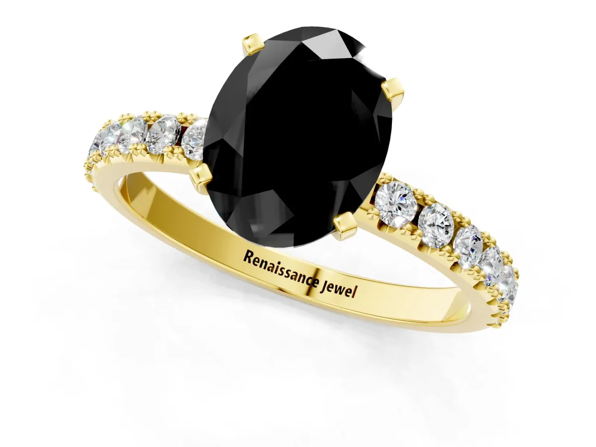 Fancy Black Oval Cut Diamond Solitaire Pavé Band with Four-Prong Setting Yellow gold