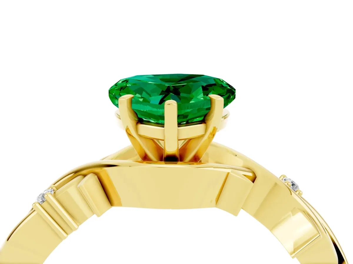 Heart Cut Emerald Solitaire Ring with Twisted Band and Prong Setting Yellow gold