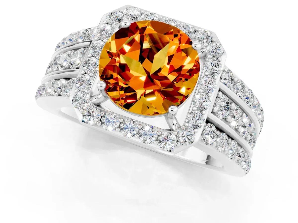 Round Cut Halo Citrine Ring with Round Split Shank and Prong Setting White gold