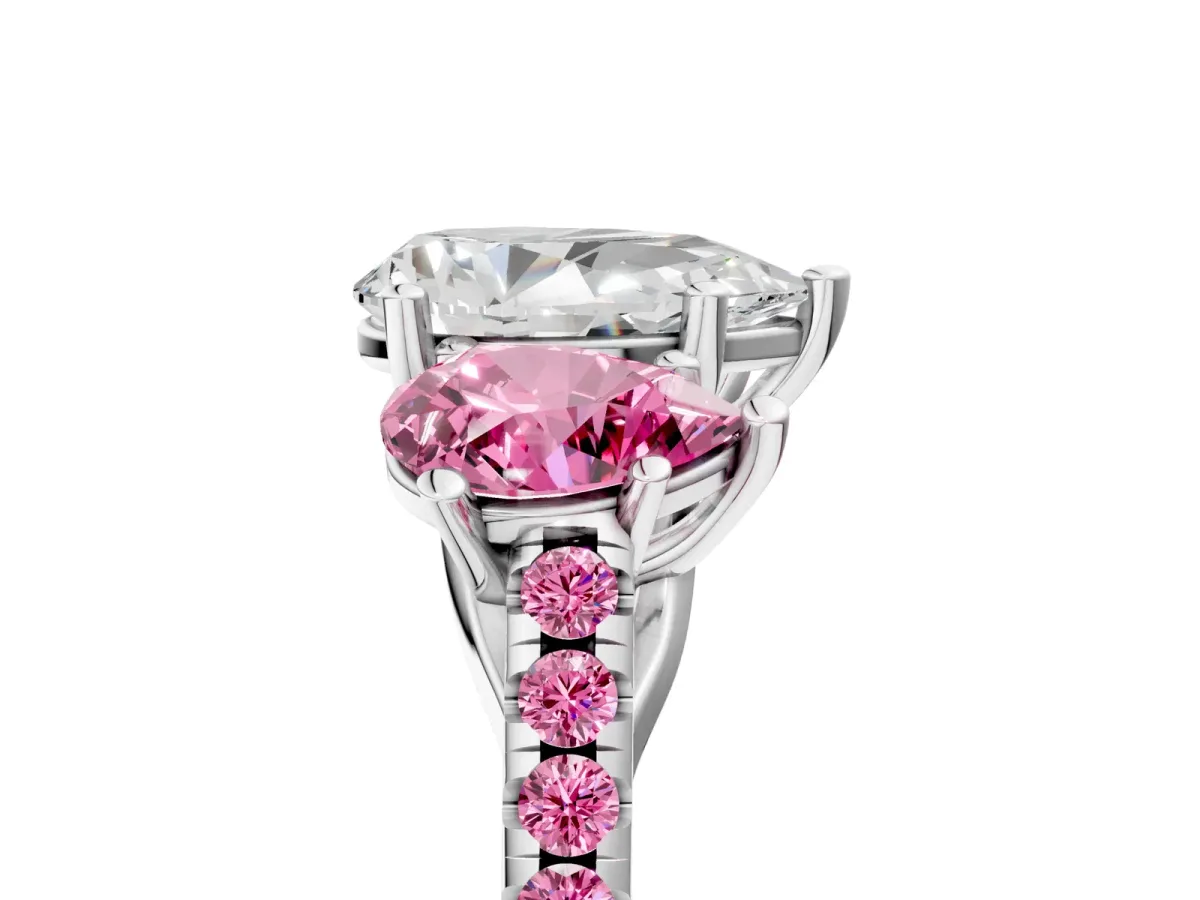 Three-Stone Pear Cut Diamond Ring with Round Pink Sapphire Pavé Band and Prong Setting Silver