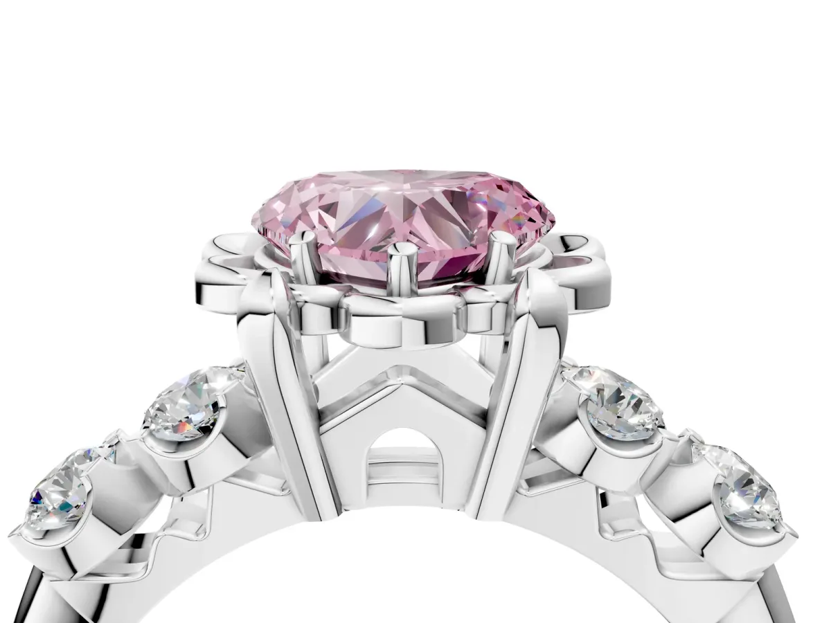Fancy Pink Heart Cut Cut Diamond Floral Halo Engagement Ring with Shared Prong Setting Silver