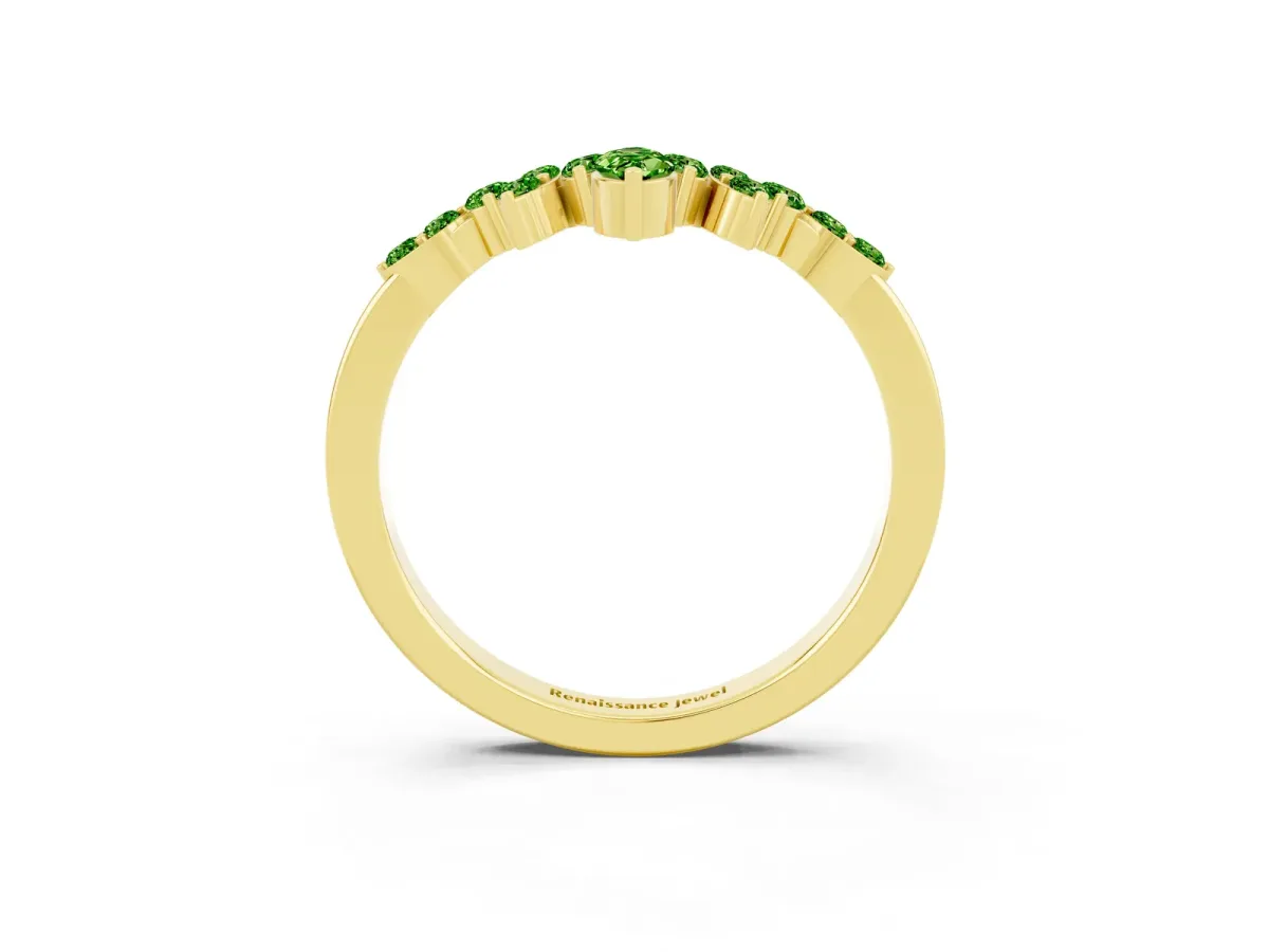 Marquise and Round Peridot Chevron Band with Prong Setting Yellow gold