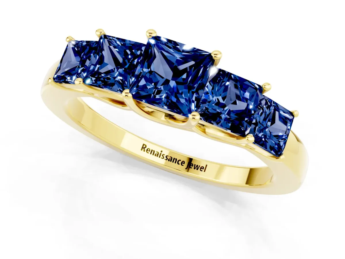Princess Cut Five-Stone Blue Sapphire Ring with Classic Prong Setting Yellow gold
