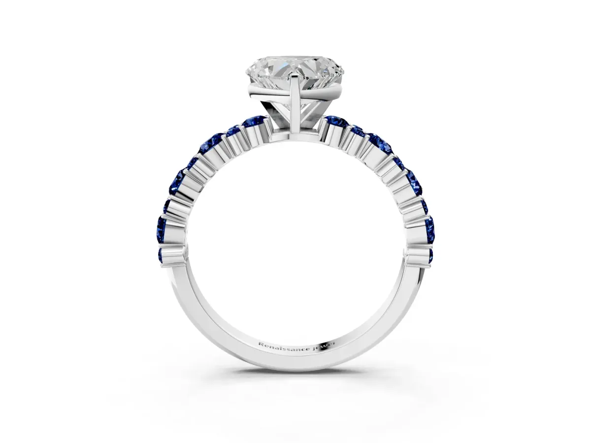 Heart Cut Diamond Side Stone Solitaire Ring with Round Blue Sapphire and Four-Prong Setting Platinum