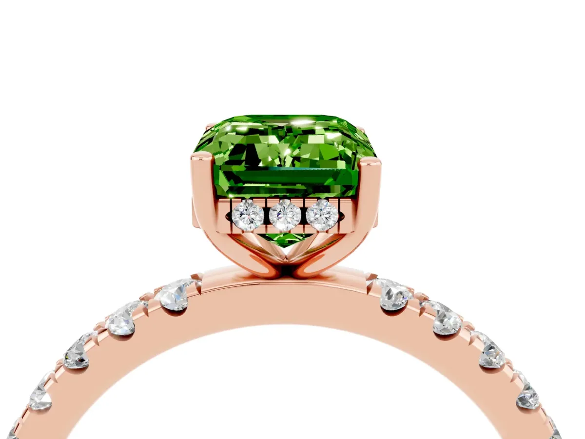 Emerald Cut Peridot Pave Band Solitaire Ring with Round and Prong Setting Rose gold
