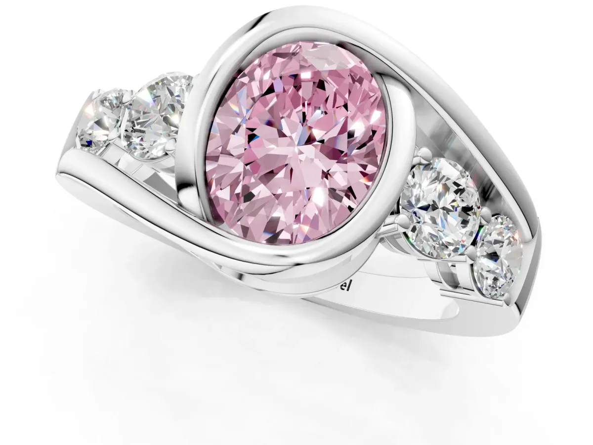 Fancy Pink Bezel Set Oval Cut Diamond Bypass Ring with Round Accents Platinum