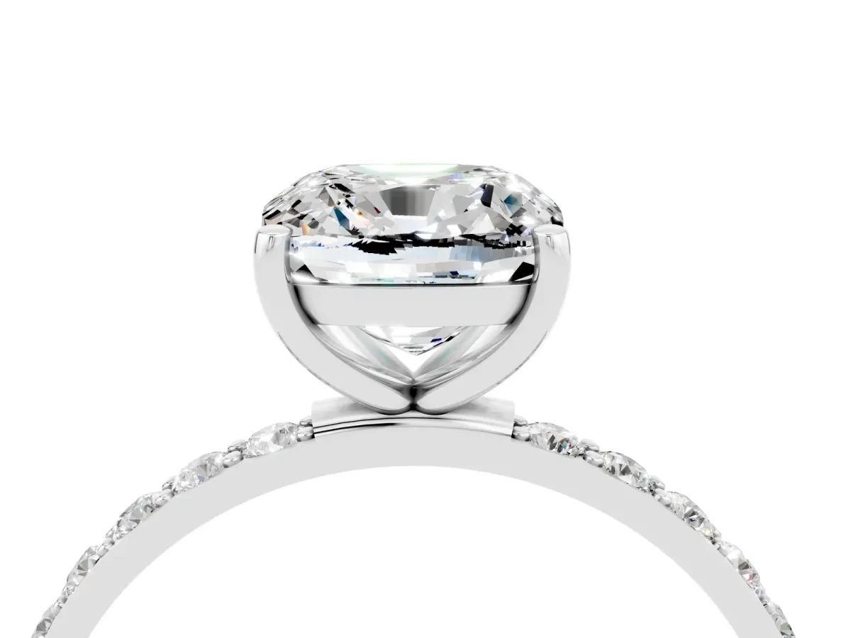 Cushion Cut Moissanite Solitaire Ring with Round Pavé Band and Prong Setting Silver