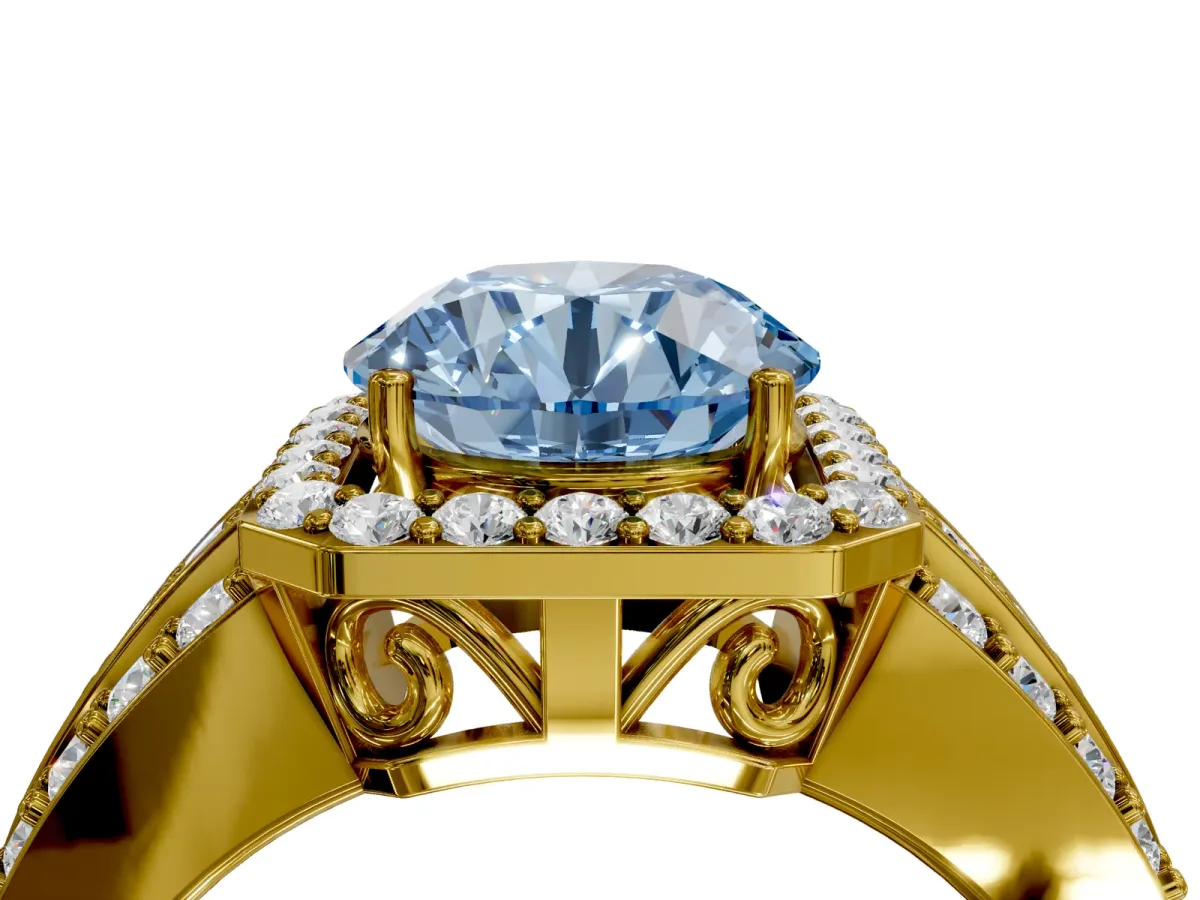 Fancy Blue Round Cut Halo Diamond Ring with Round Split Shank and Prong Setting Yellow gold
