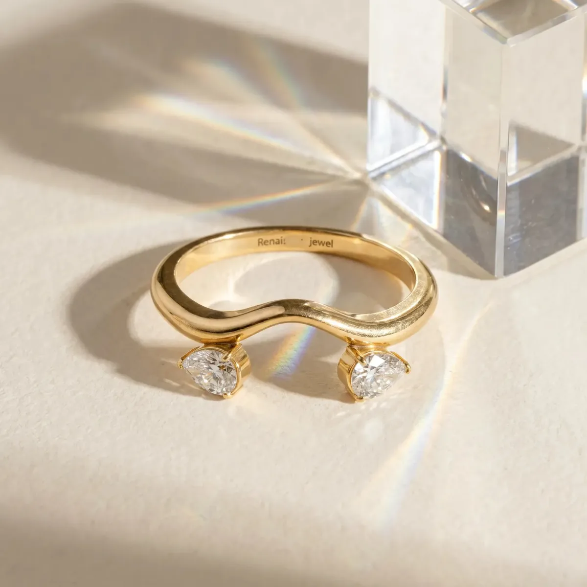 Pear Cut Diamond Two-Stone Open Band Ring with Prong Setting Yellow gold