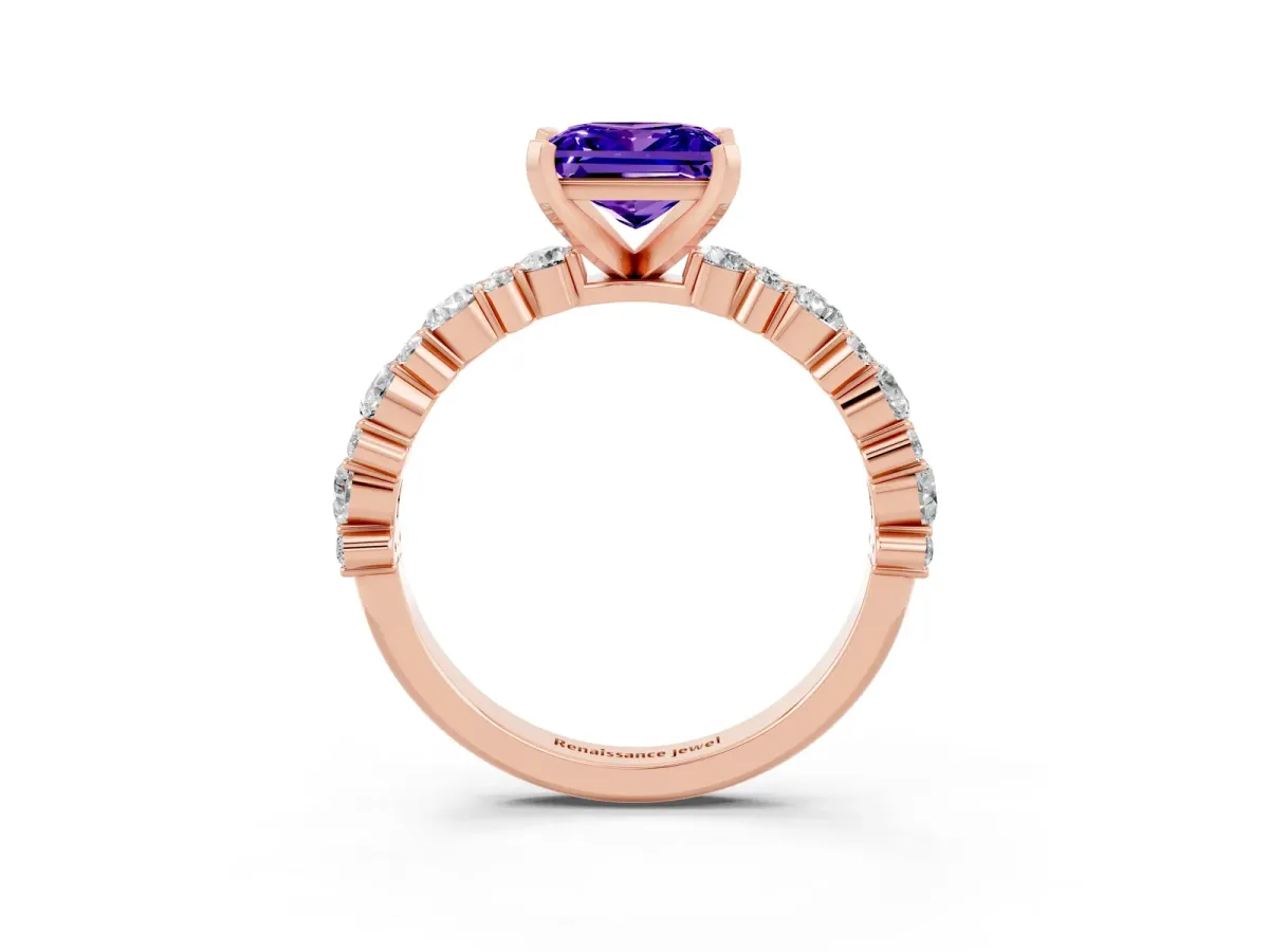 Princess Cut Tanzanite Side Stone Solitaire Ring with Round and Four-Prong Setting Rose gold