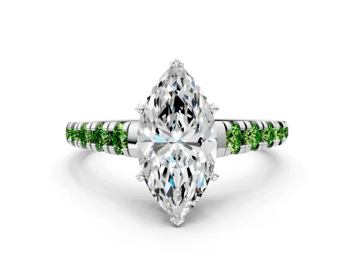 Marquise Cut Diamond Cathedral Solitaire Ring with Round Peridot Pavé Band Silver