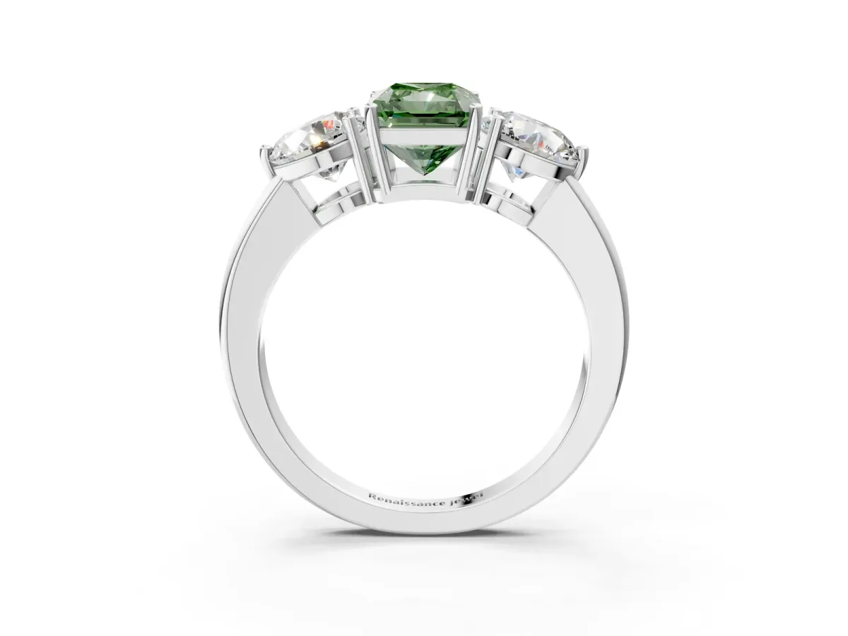 Fancy Green Radiant Cut Diamond Three-Stone Ring with Prong Setting and Classic Band Platinum