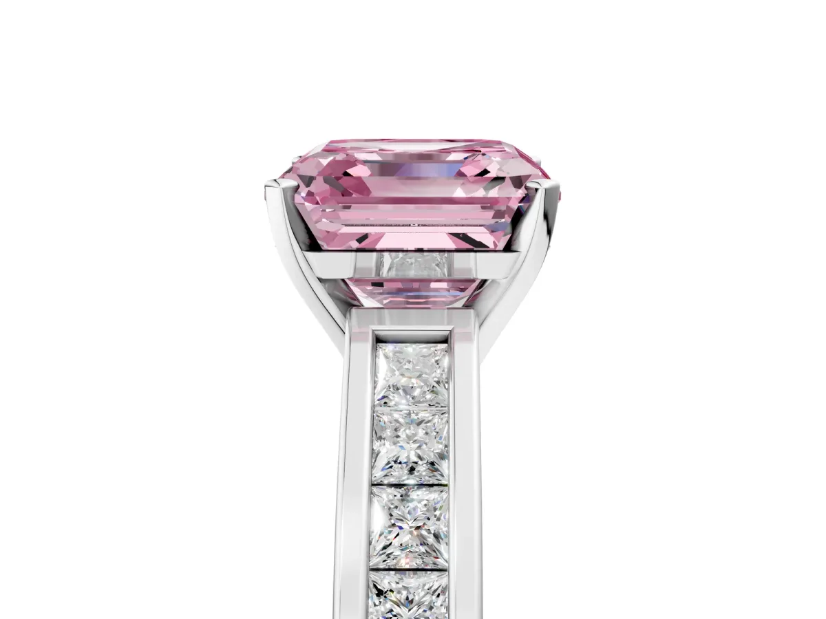 Fancy Pink Asscher Cut Solitaire Diamond Ring with Channel-Set Band and Four-Prong Setting Platinum