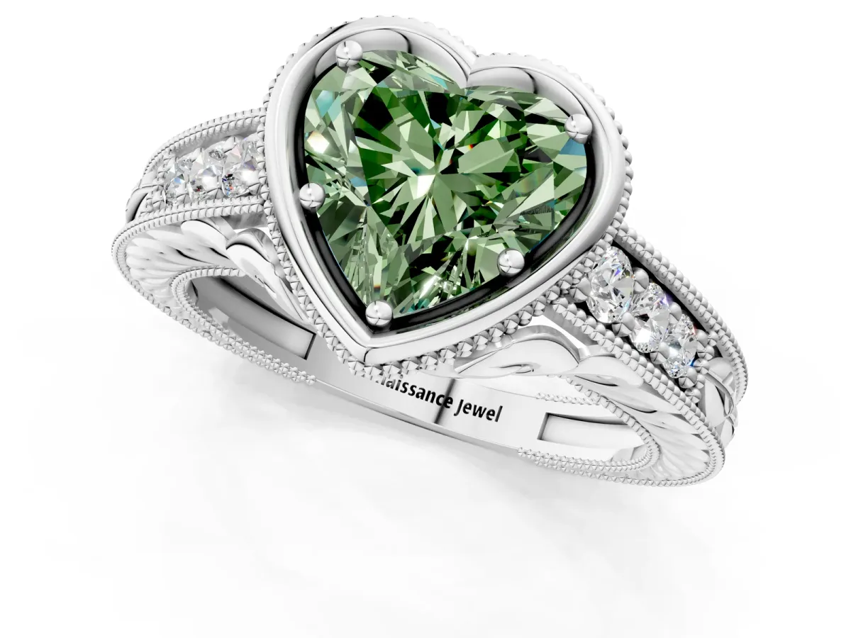 Fancy Green Bezel Set Heart Cut Diamond Milgrain Pave Engagement Ring Platinum