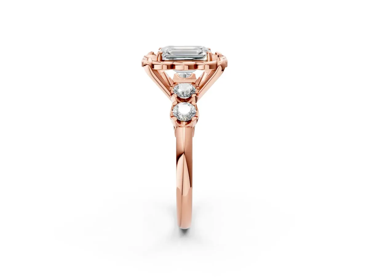 Emerald Cut Cut Diamond Floral Halo Engagement Ring with Shared Prong Setting Rose gold