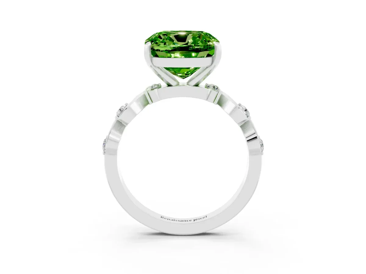 Cushion Cut Peridot Solitaire Twisted Band with Round Accents and Prong Setting Silver