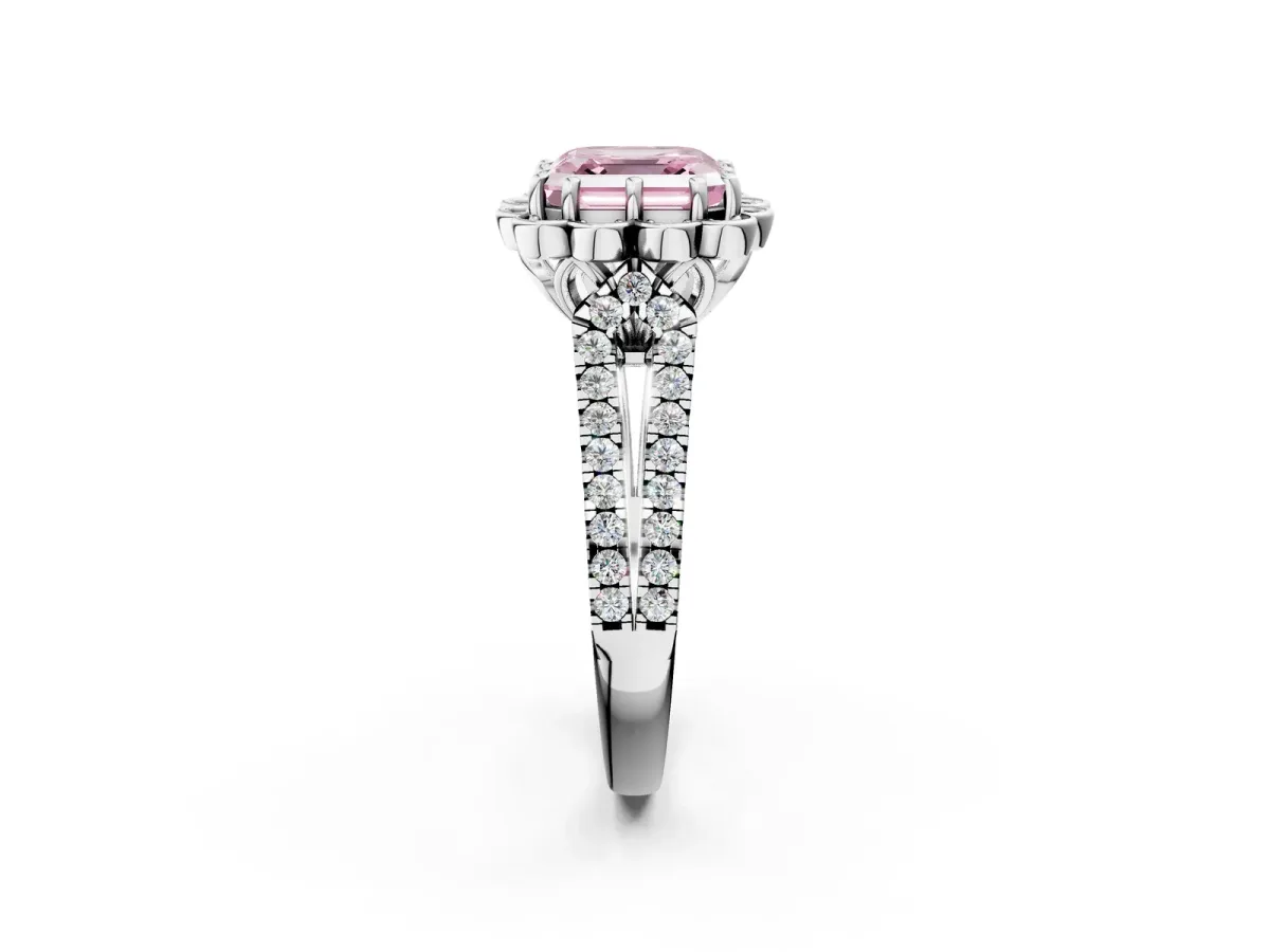 Fancy Pink Asscher Cut Halo Diamond Floral Split Shank Engagement Ring Platinum