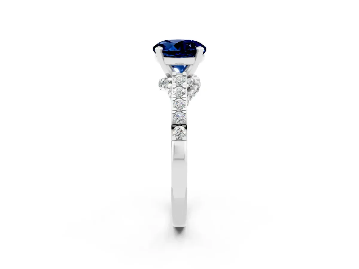 Round Cut Blue Sapphire Solitaire Ring with Crossover Gallery and Round Pavé Band Silver